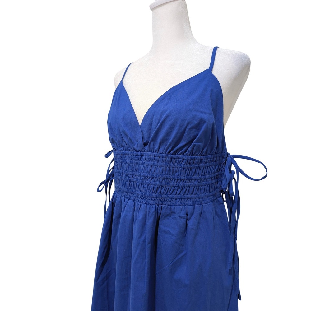 Blue Smocked Side Tie Open Back Summer Beach Lounge Resort Vacation Midi Dress L